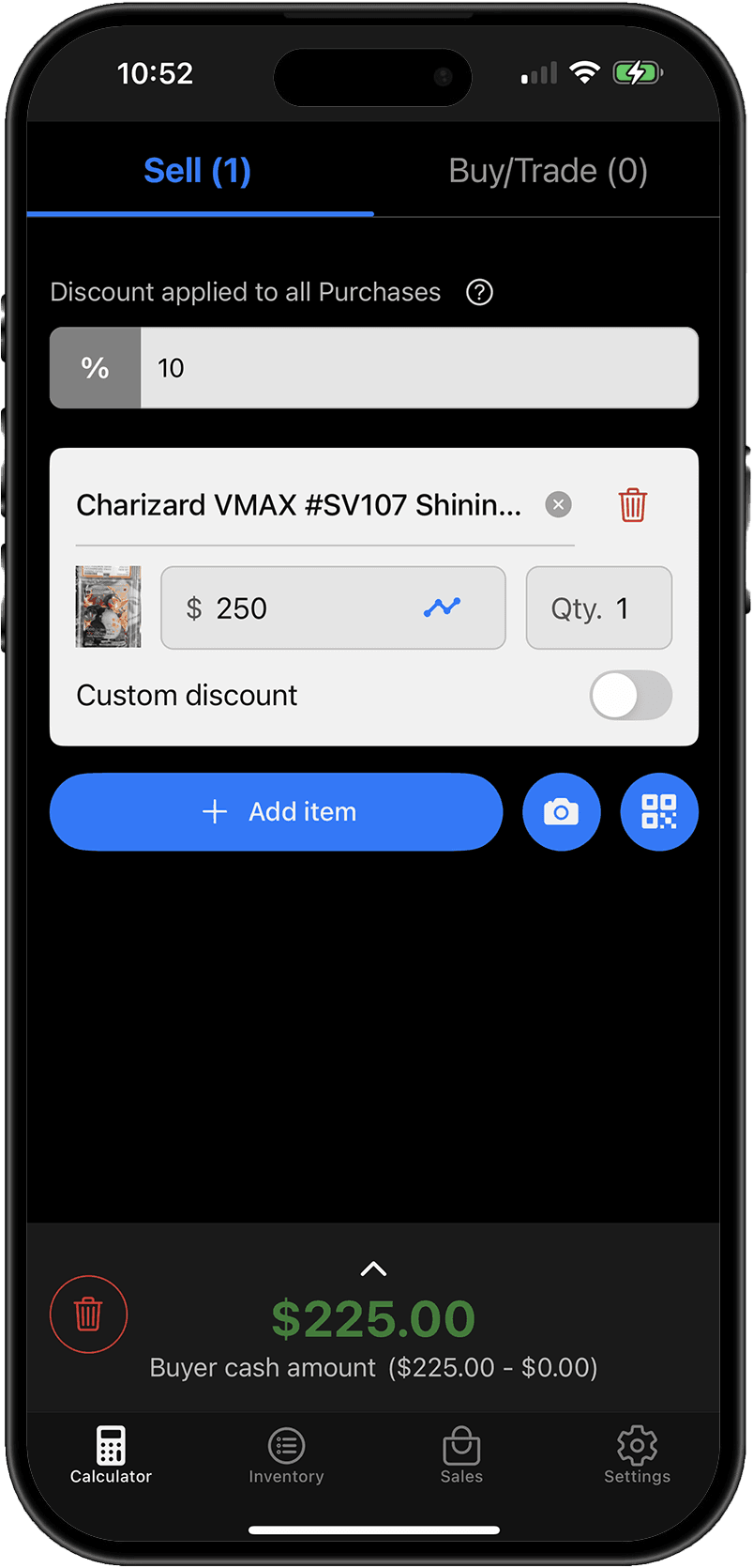 Sell cart showing a ten-percent cart-level discount