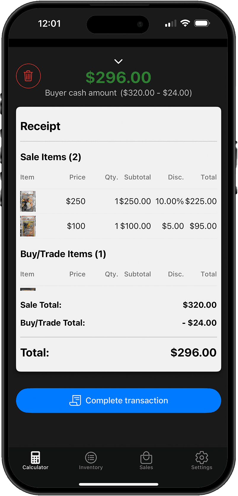 Transaction receipt itemizing Sale and Buy/Trade discounts