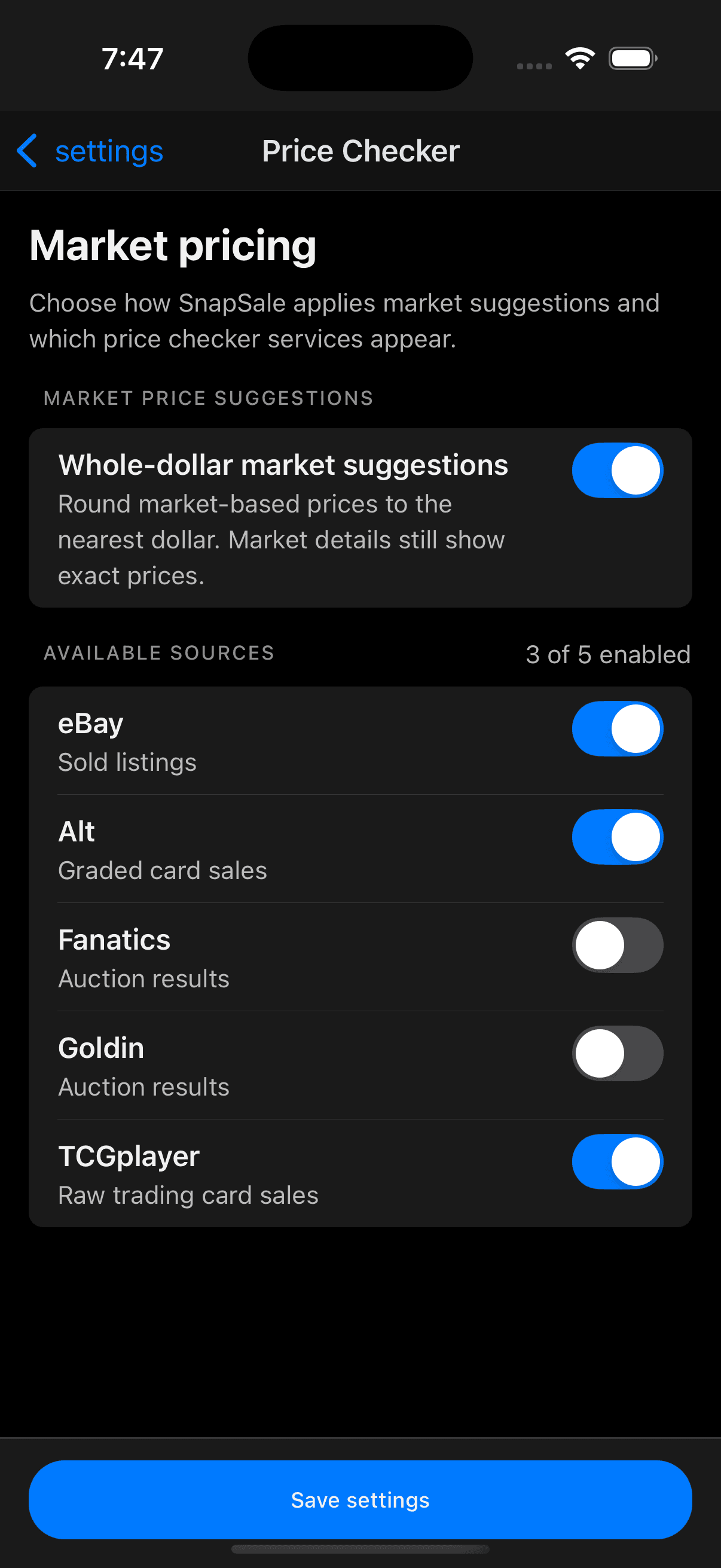 Price Checker settings showing whole-dollar suggestions and five external sources
