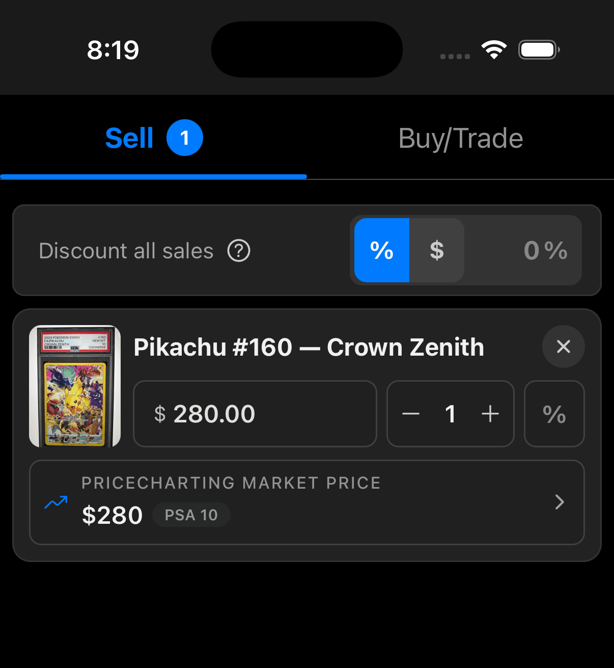Sell cart item showing a PriceCharting market price and PSA 10 price dimension beneath the editable item price