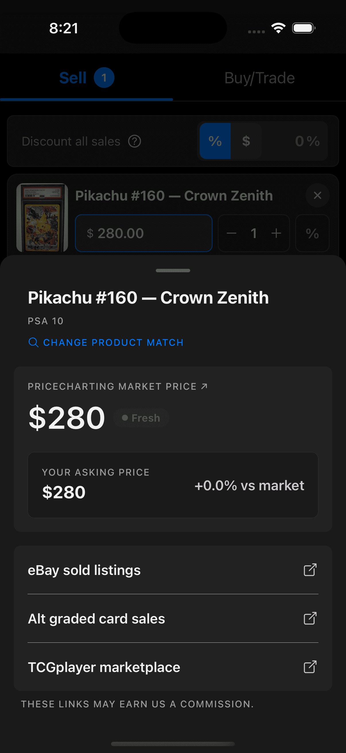 Price Checker showing a fresh PSA 10 PriceCharting market price and asking-price comparison for a matched Pikachu card