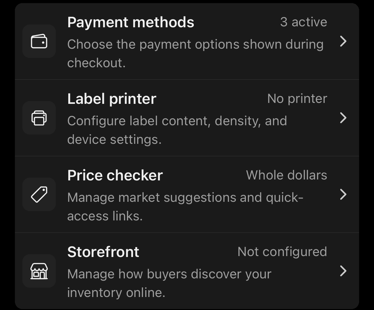 SnapSale Settings list showing Price Checker under Selling