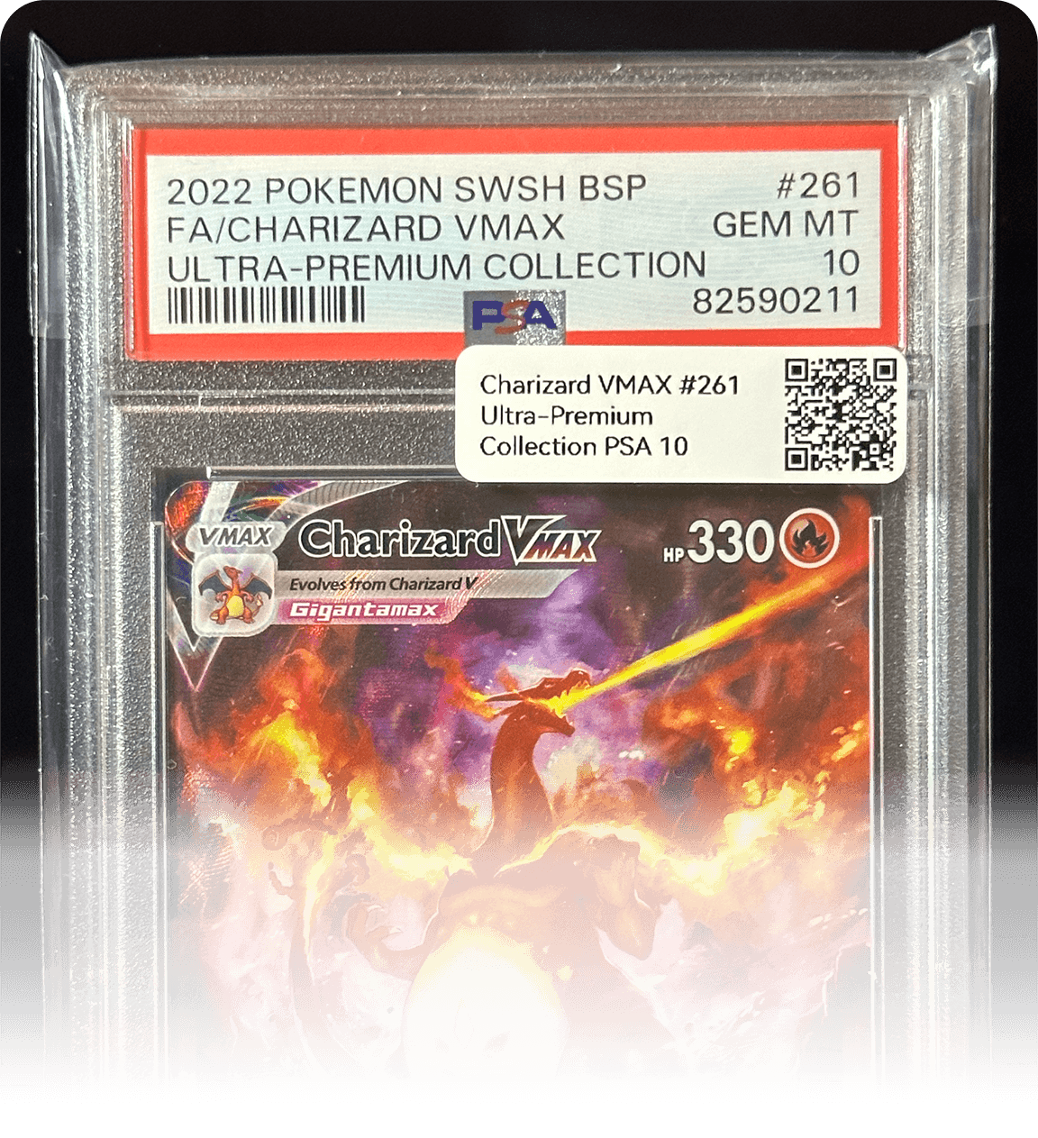 Graded collectible slab with a printed SnapSale QR label attached