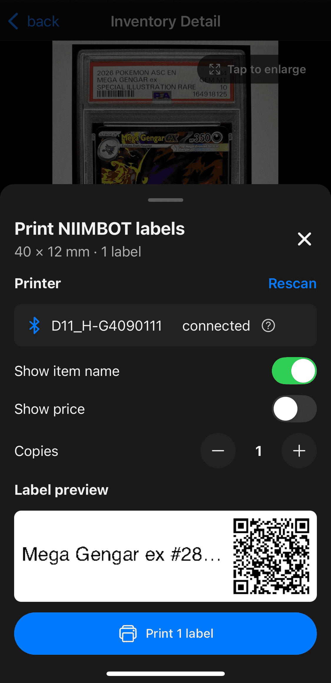 SnapSale print screen with a connected NIIMBOT D11 printer, label options, one-copy control, and QR label preview