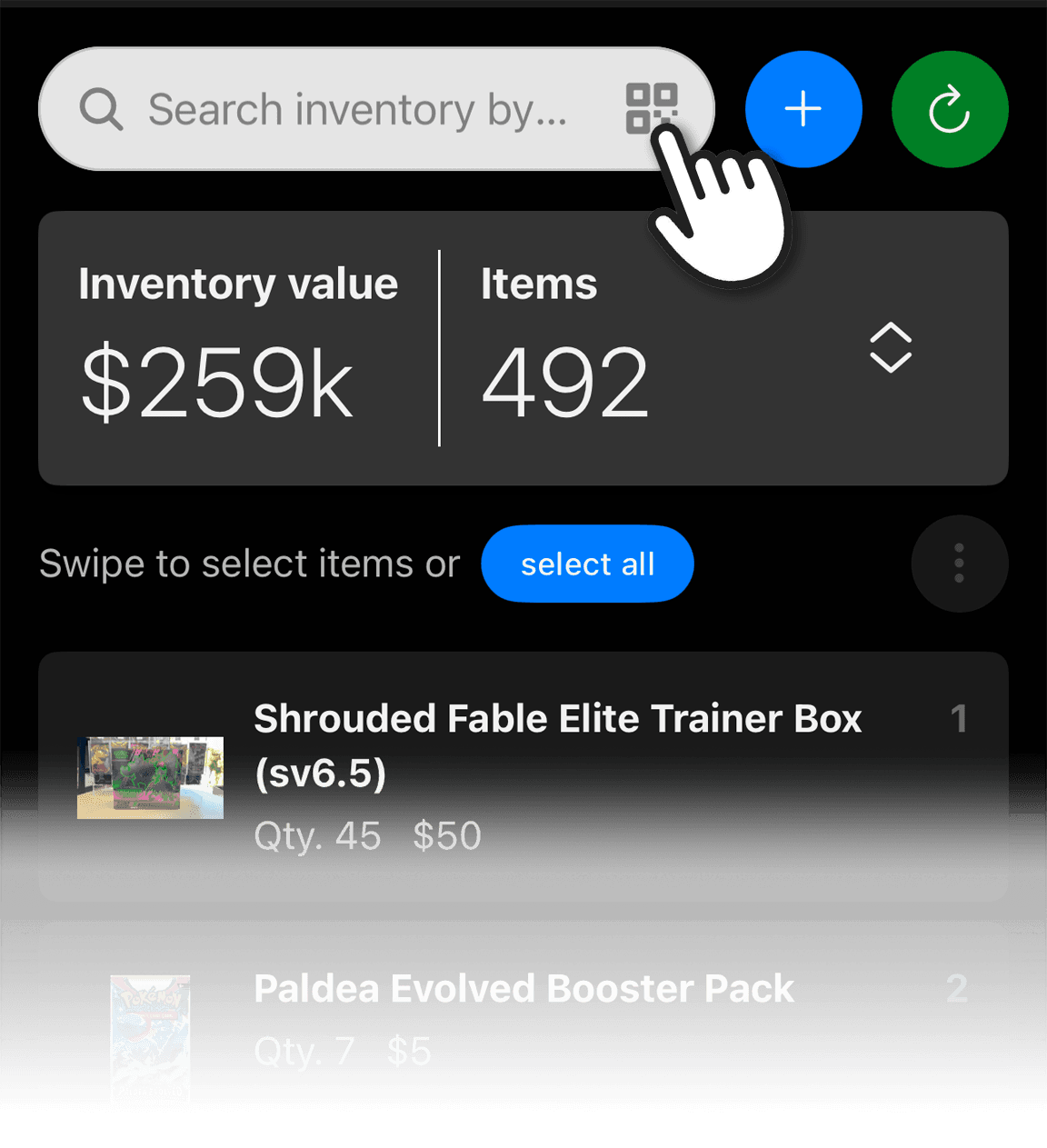 Inventory search box with the QR scanner control