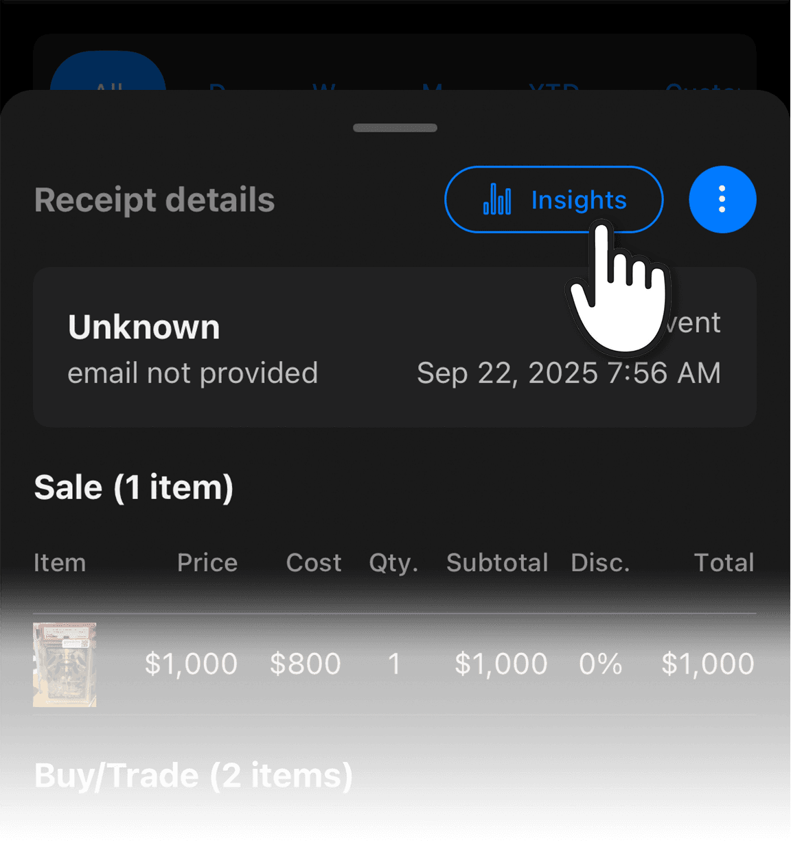 Receipt details screen with the Insights action highlighted