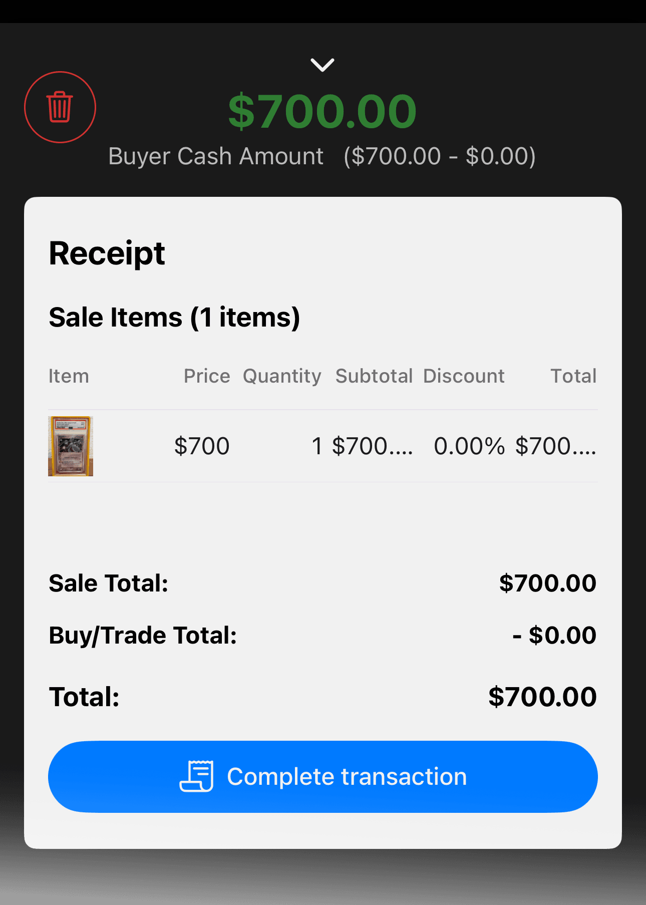 Cart receipt summary before completing a SnapSale transaction