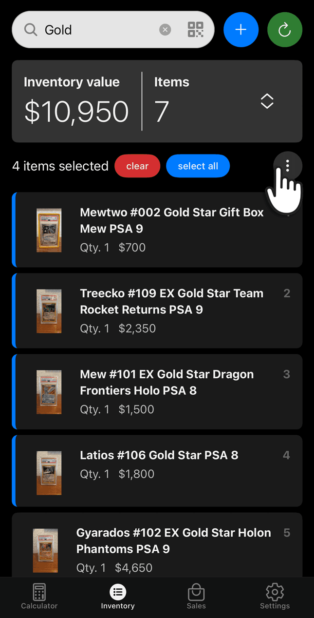 Inventory screen with an item selected for bulk actions