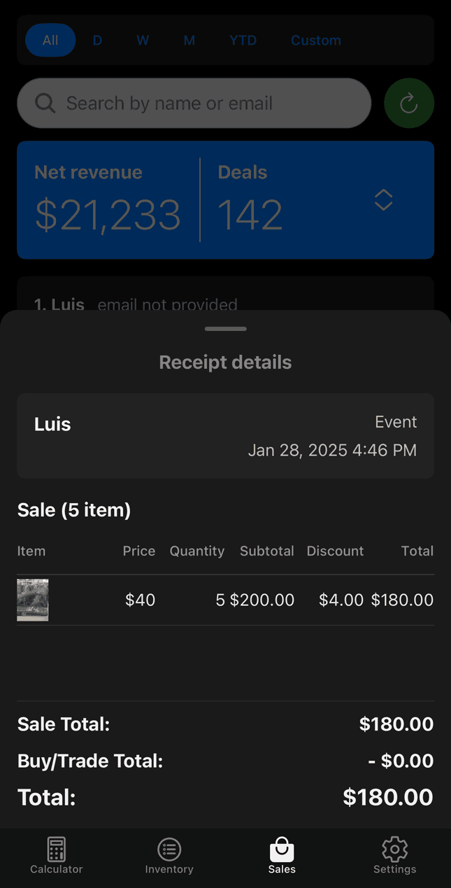 SnapSale transaction record with receipt details