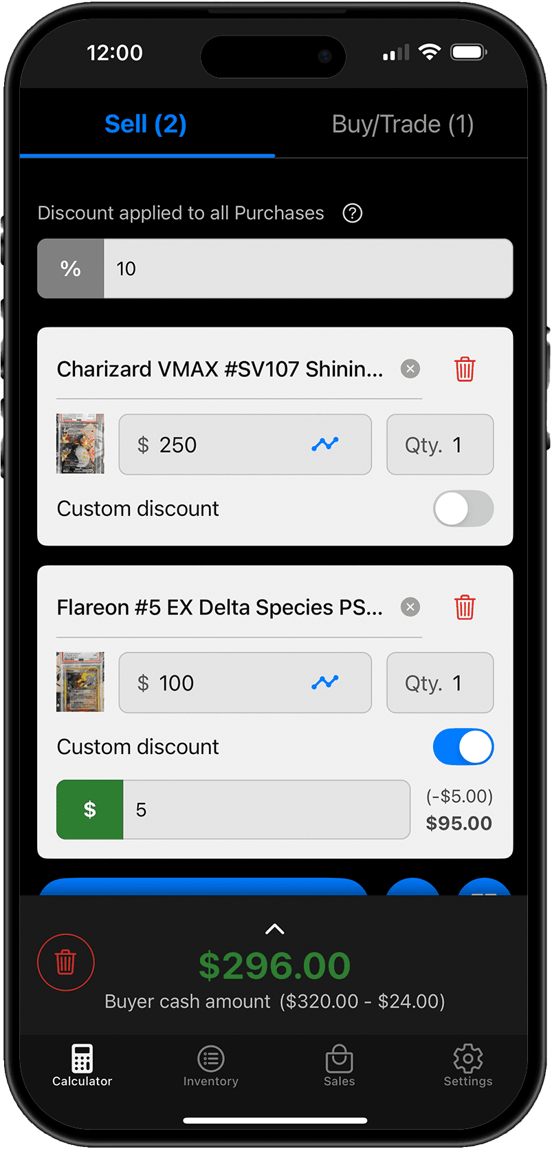 SnapSale Sell cart showing an item with a custom discount